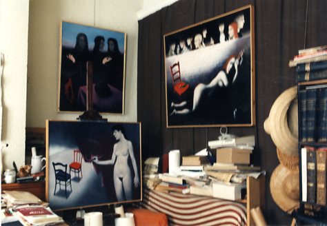 Dormont, Jacques. Exposition en atelier de 3 oeuvres. Nu de face, 2 chaises. Visages, mains, signes. |Et si Venus naquit des ombres!| (Nu couch�, chaise, mur, indifferents, bougie). Avril 1998.jpg